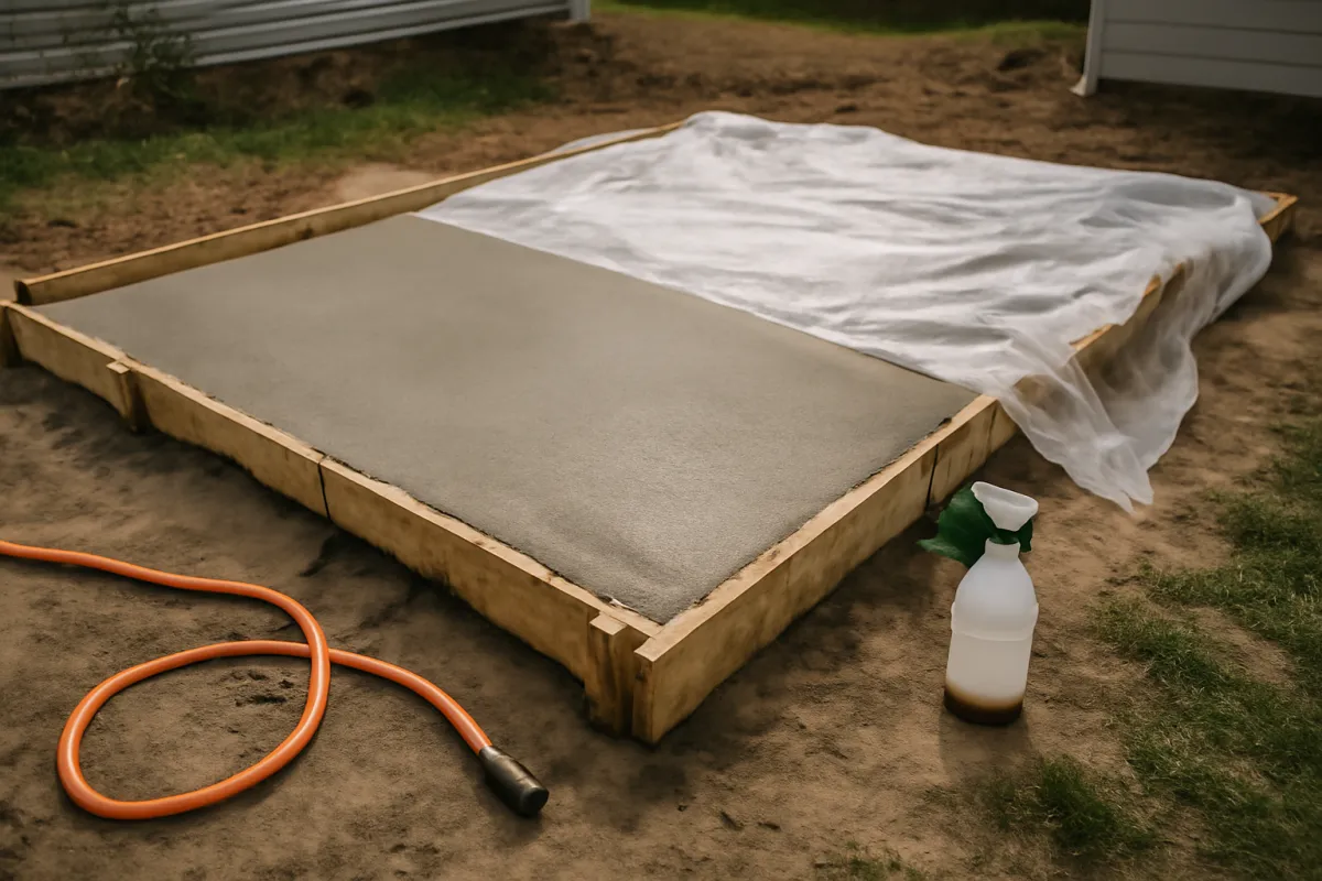 A freshly poured concrete slab inside wooden forms on a dirt subgrade, half the slab covered with clear plastic sheeting to hold in moisture while it cures, a coiled garden hose and a spray bottle sitting beside it
