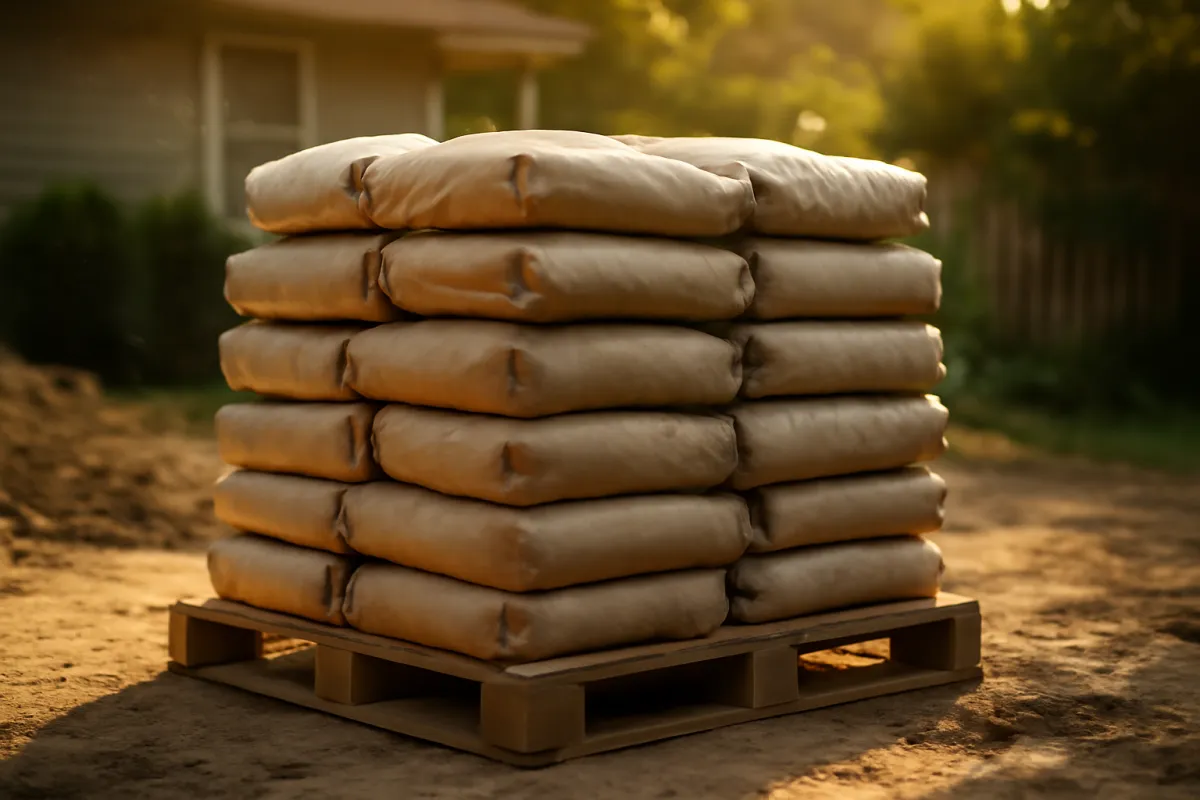 Stacked bags of dry mix on a pallet at a residential site rather than the block wall itself, the bagged mortar half of a block count