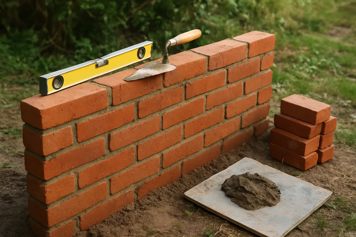 A low red brick wall part way up in a garden, courses staggered so the joints fall over the middle of the brick below, a yellow spirit level and a pointing trowel resting on the top course, loose bricks stacked on the ground beside a board of mortar