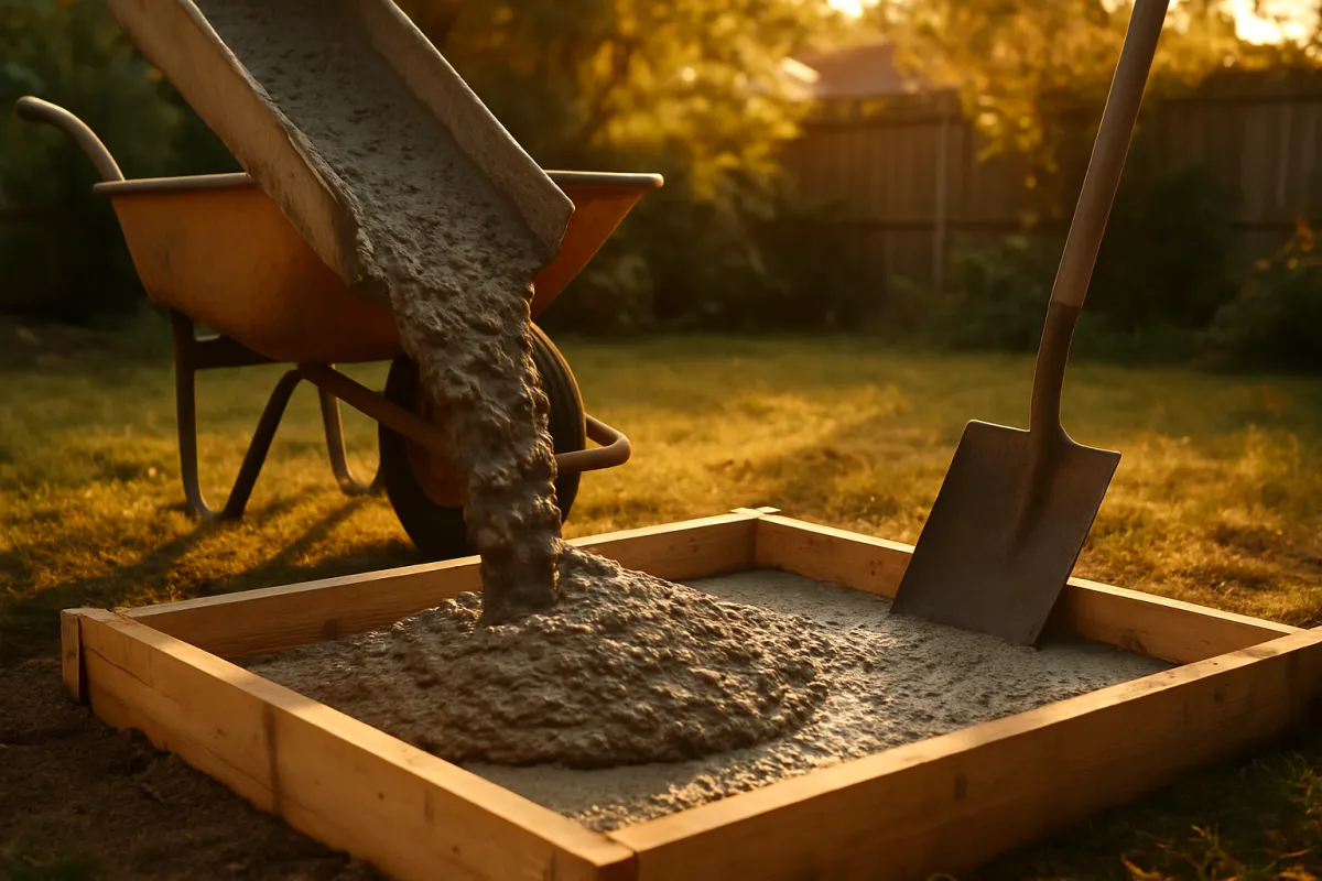 Fresh concrete being poured into a wooden slab form in warm evening light