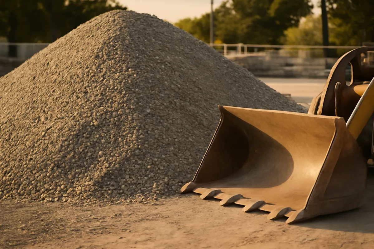 A large heaped pile of crushed gravel aggregate at a building supply yard with a front loader bucket resting nearby in warm afternoon light