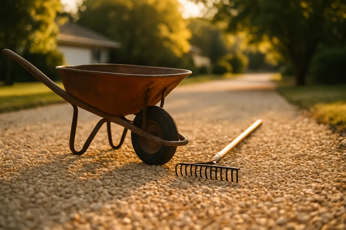 A gravel driveway with an empty wheelbarrow and a rake resting on freshly spread gravel in warm evening light