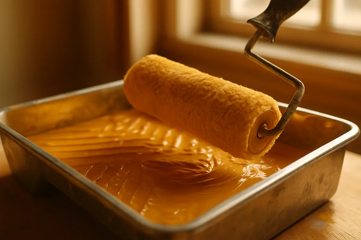 A paint roller loading warm gold paint from a metal tray in soft window light