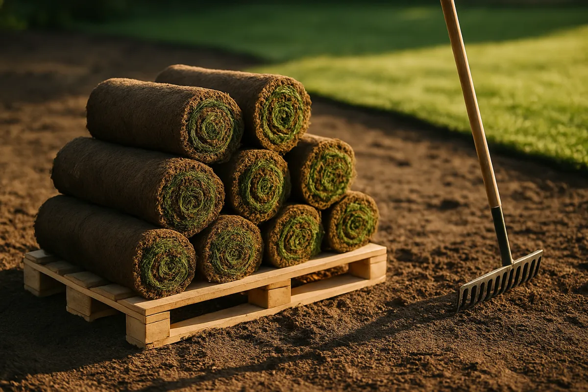 Rolls of cut turf stacked in a pyramid on a wooden pallet standing on bare raked soil, a garden rake leaning at the right, mown green grass beyond in low warm light