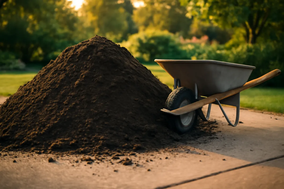 A large heaped pile of dark screened topsoil beside a wheelbarrow in a green garden in warm afternoon light