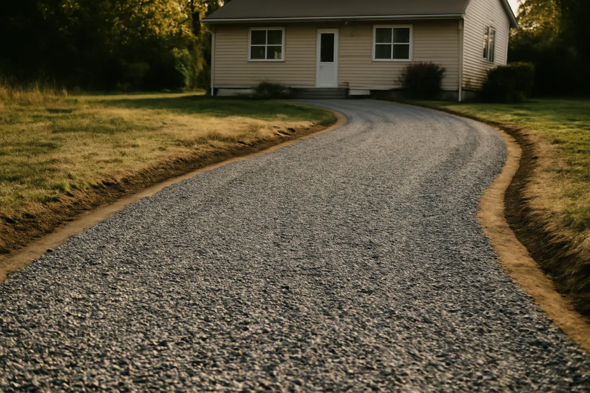 A freshly built and compacted gravel driveway of angular crushed stone curving toward a single-family home in warm daylight