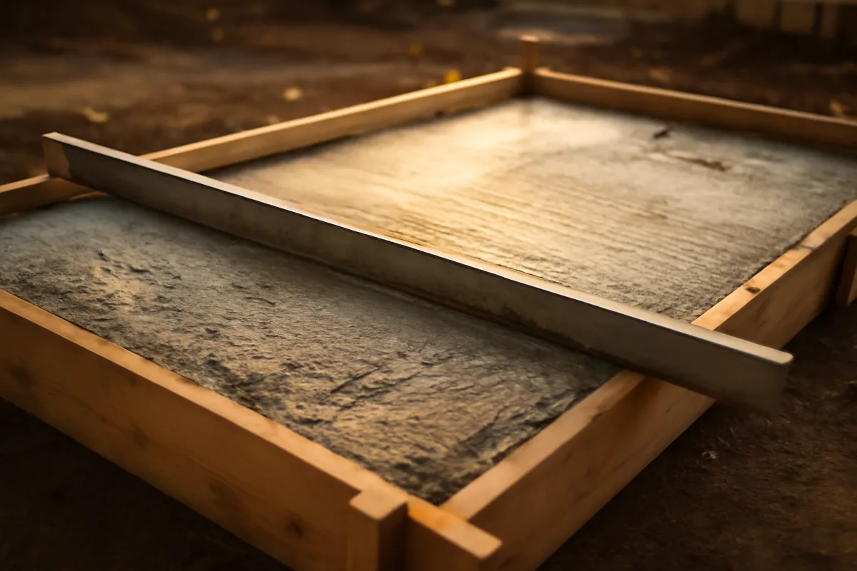 A screed board resting across wooden edge forms over a fresh concrete slab on a jobsite in warm daylight