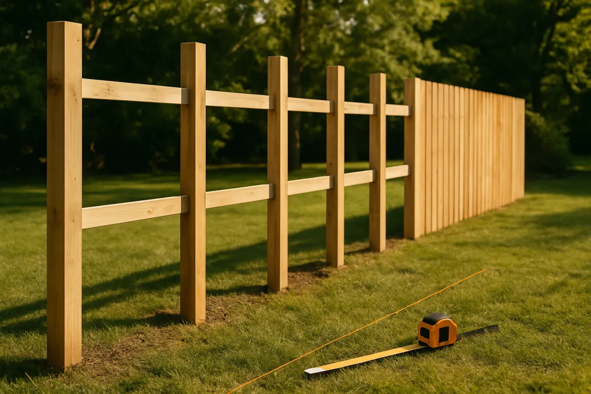 A partly built wooden fence in a grassy yard, square timber posts standing in a line with two horizontal rails between them and one section already covered with vertical boards, an extended tape measure lying on the grass in front