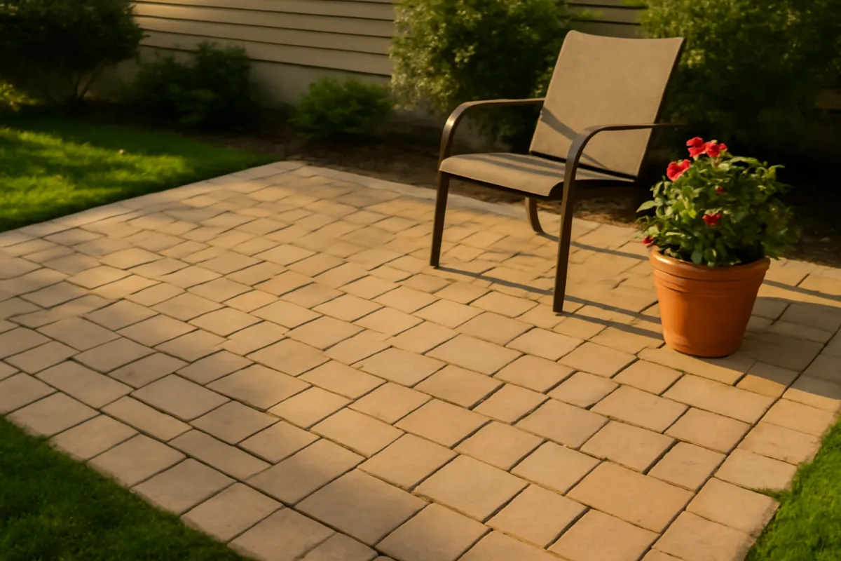A finished concrete paver patio with tight, sanded joints catching warm daylight, the surface a sealer has to cover