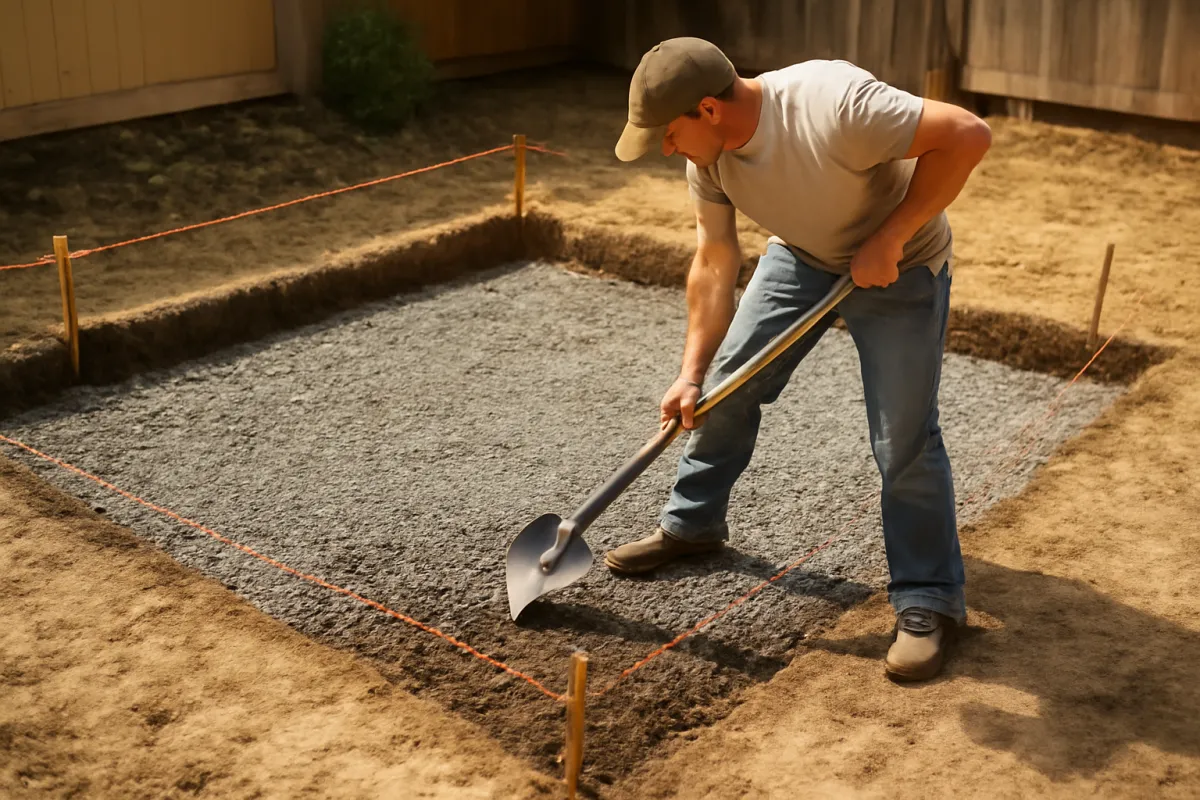 A person spreading and leveling a compacted gravel base inside a string-marked excavation in a backyard, the kind of base a wall is set on