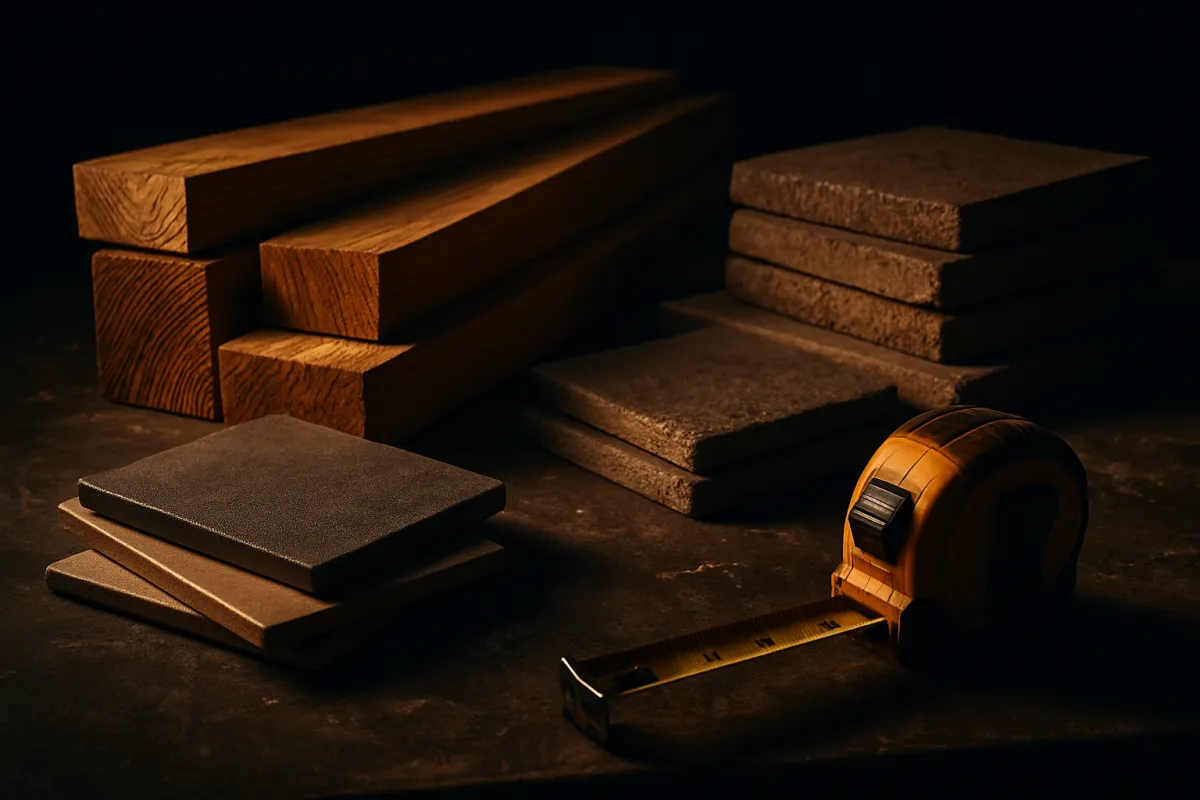 Construction materials, lumber, and a tape measure on a workbench under dramatic light