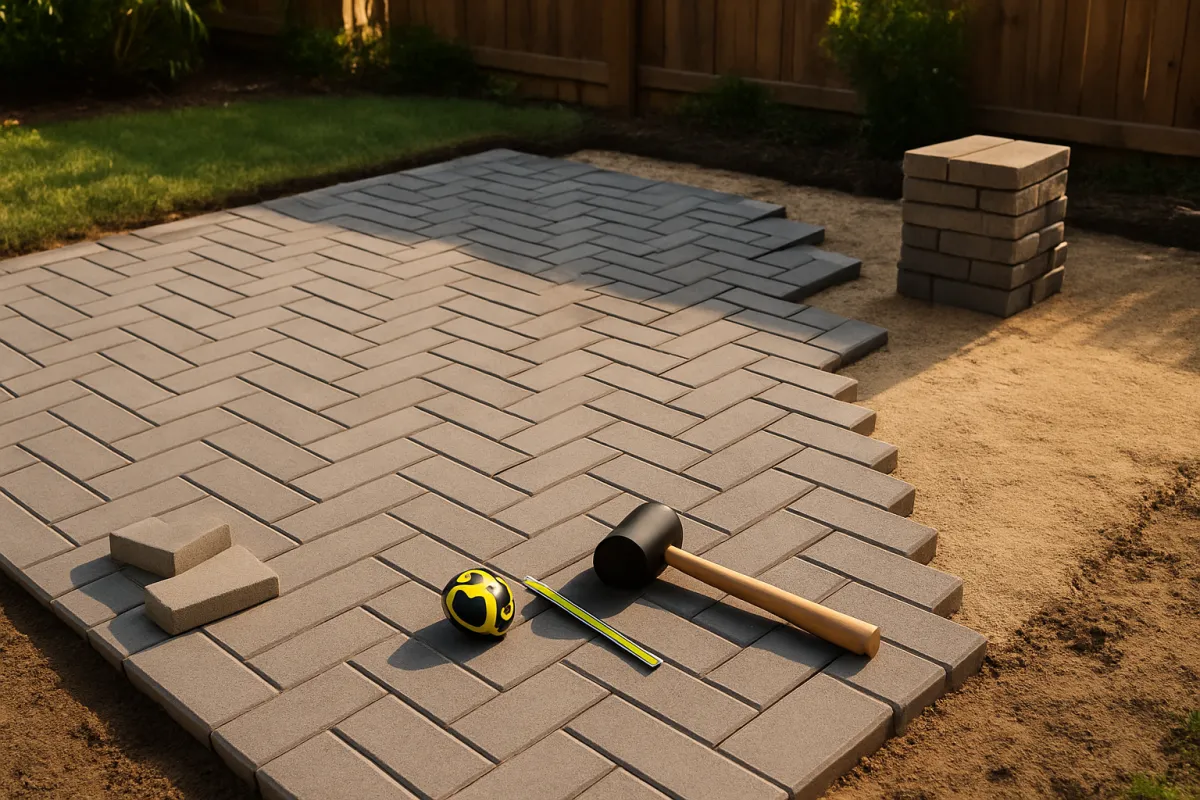 A partly finished paver area in a fenced yard, rectangular pavers laid in a herringbone pattern with a darker section beyond, a rubber mallet and an extended tape measure resting on the surface