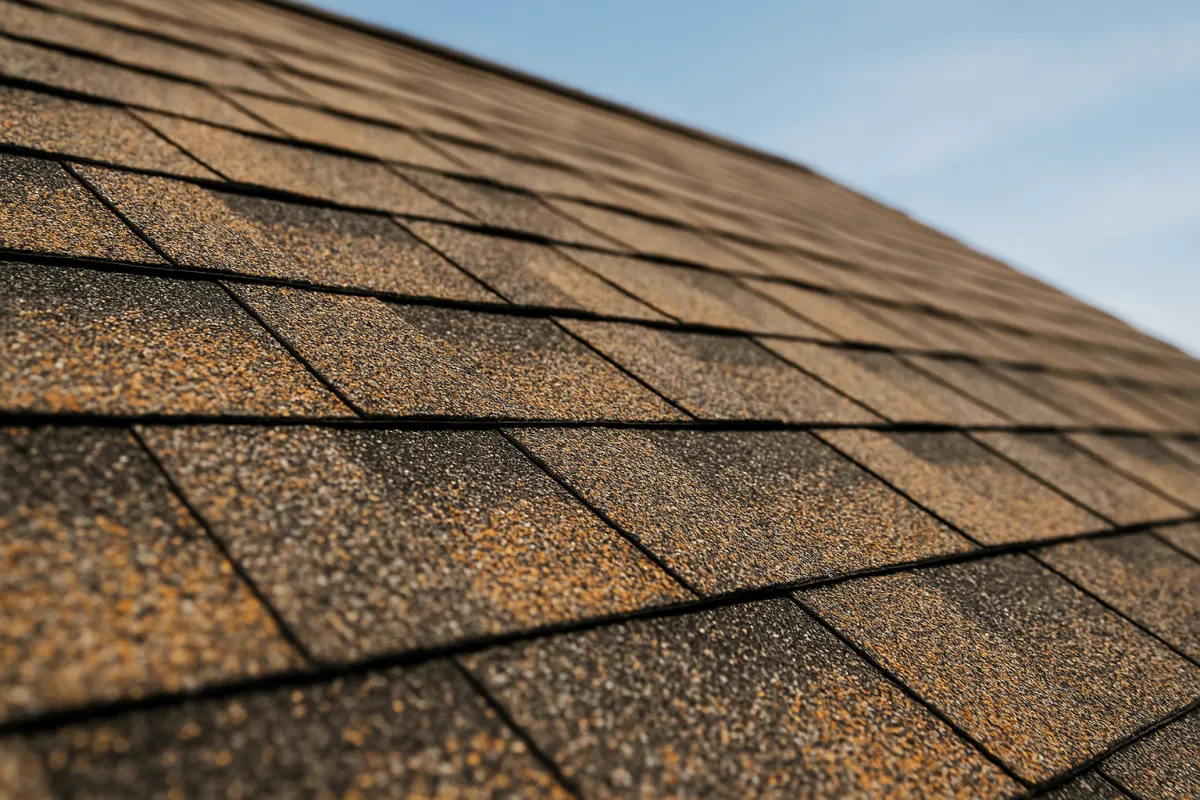 Close view along the courses of a brown and grey asphalt shingle roof in daylight with blue sky beyond the ridge