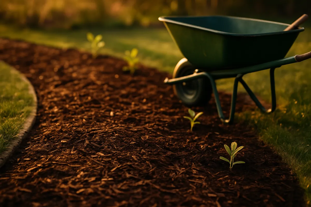 Fresh dark wood mulch spread across a curved garden bed beside a wheelbarrow in warm amber light