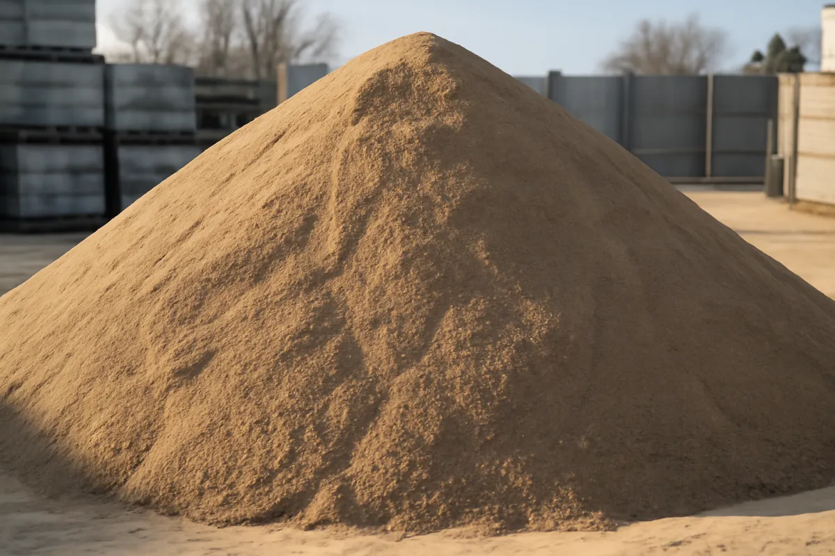 A large pile of fine construction sand at a building supply yard under a pale winter sky