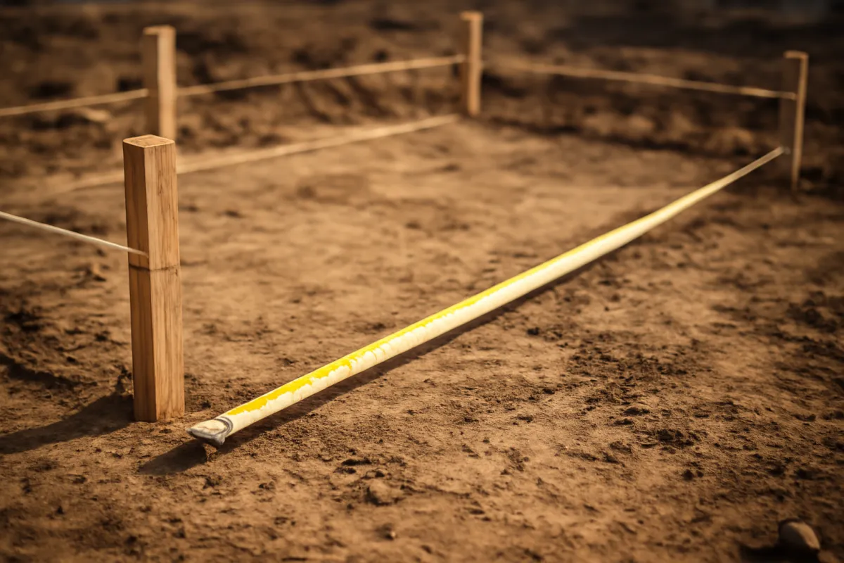 A tape measure stretched across a marked-out rectangular plot of ground on a jobsite