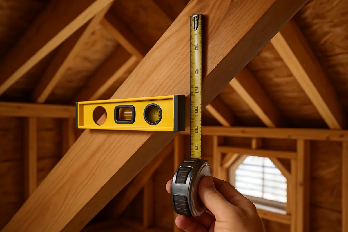 A yellow spirit level held horizontally against a sloping wooden rafter in an attic, with a tape measure blade hanging vertically from the level's free end down to the rafter