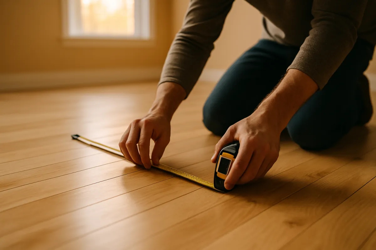 A person using a tape measure across the length of an empty room floor with light wood planks in warm daylight