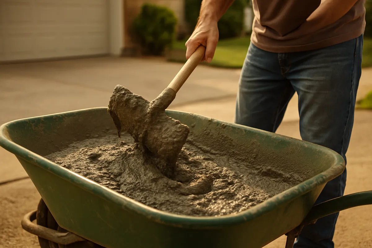 A person mixing wet grey concrete in a green wheelbarrow with a garden hoe on a residential driveway in warm daylight