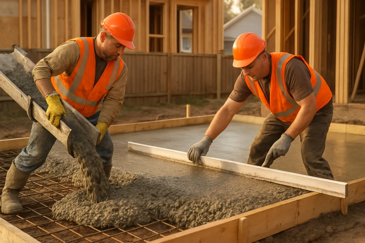 Two workers pouring and screeding a fresh wet concrete slab inside wooden forms on a residential jobsite in warm daylight