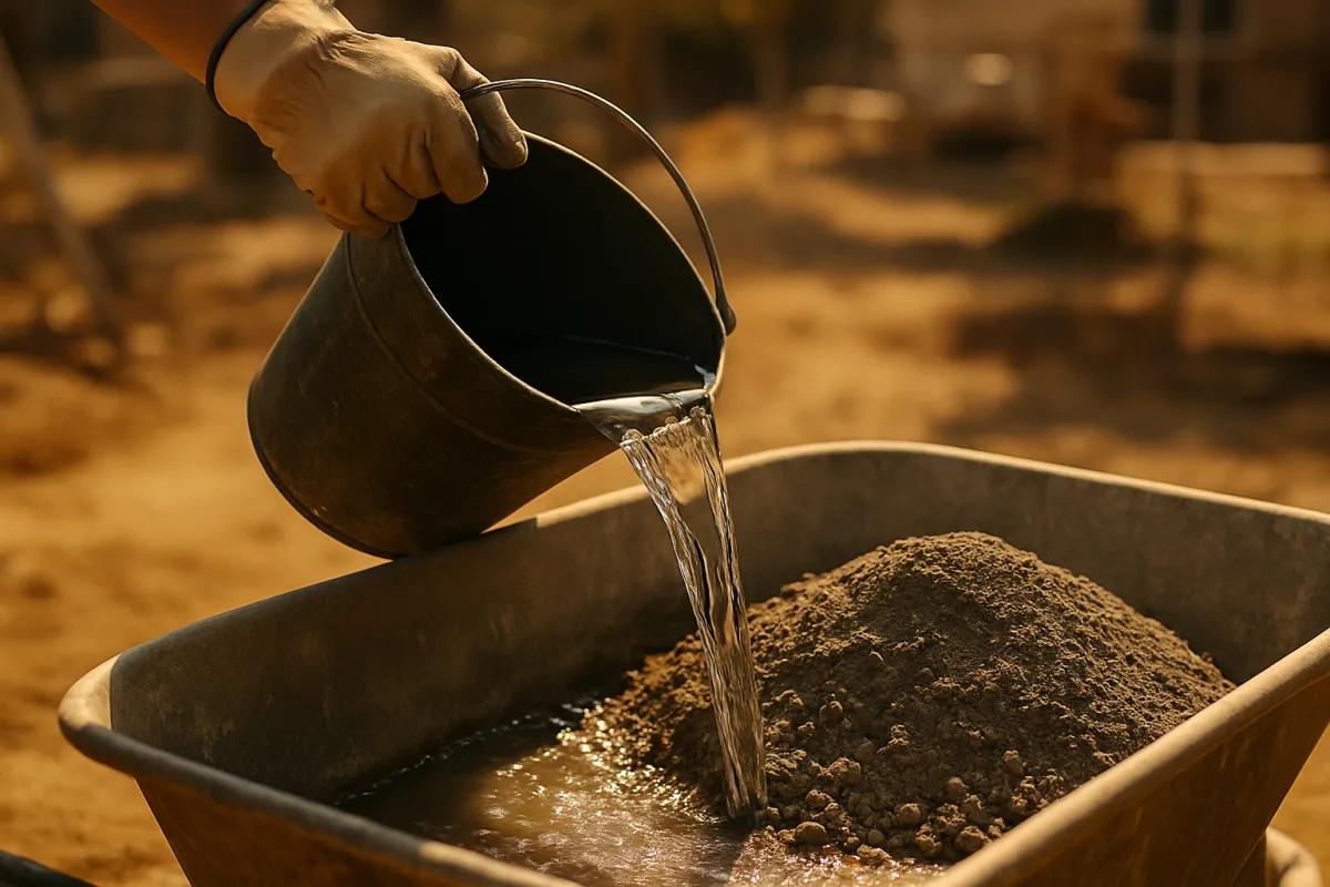 A bare hand pouring a measured stream of water from a bucket into dry concrete mix in a wheelbarrow