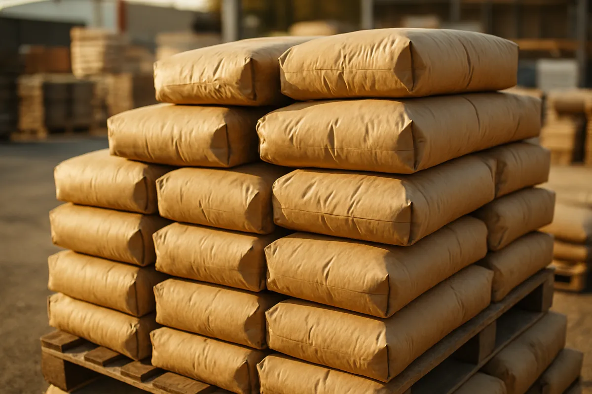 Stacked bags of dry concrete mix on a pallet at a supply yard