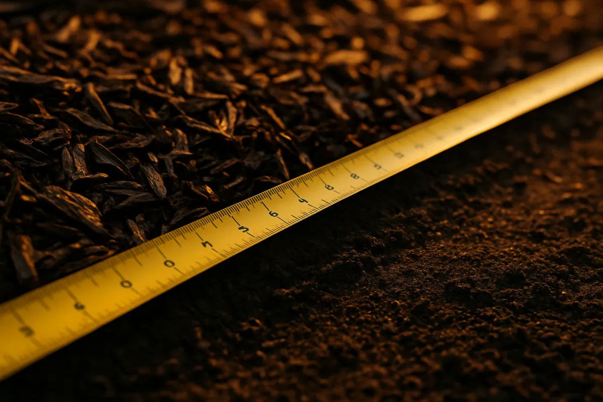 A tape measure stretched across a mulched garden bed showing the length