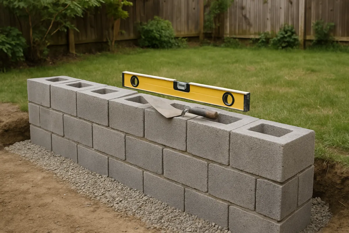 A low concrete block wall going up in a garden, three courses of grey blocks on a gravel base beside excavated soil, with a spirit level and a pointing trowel resting on the open top course