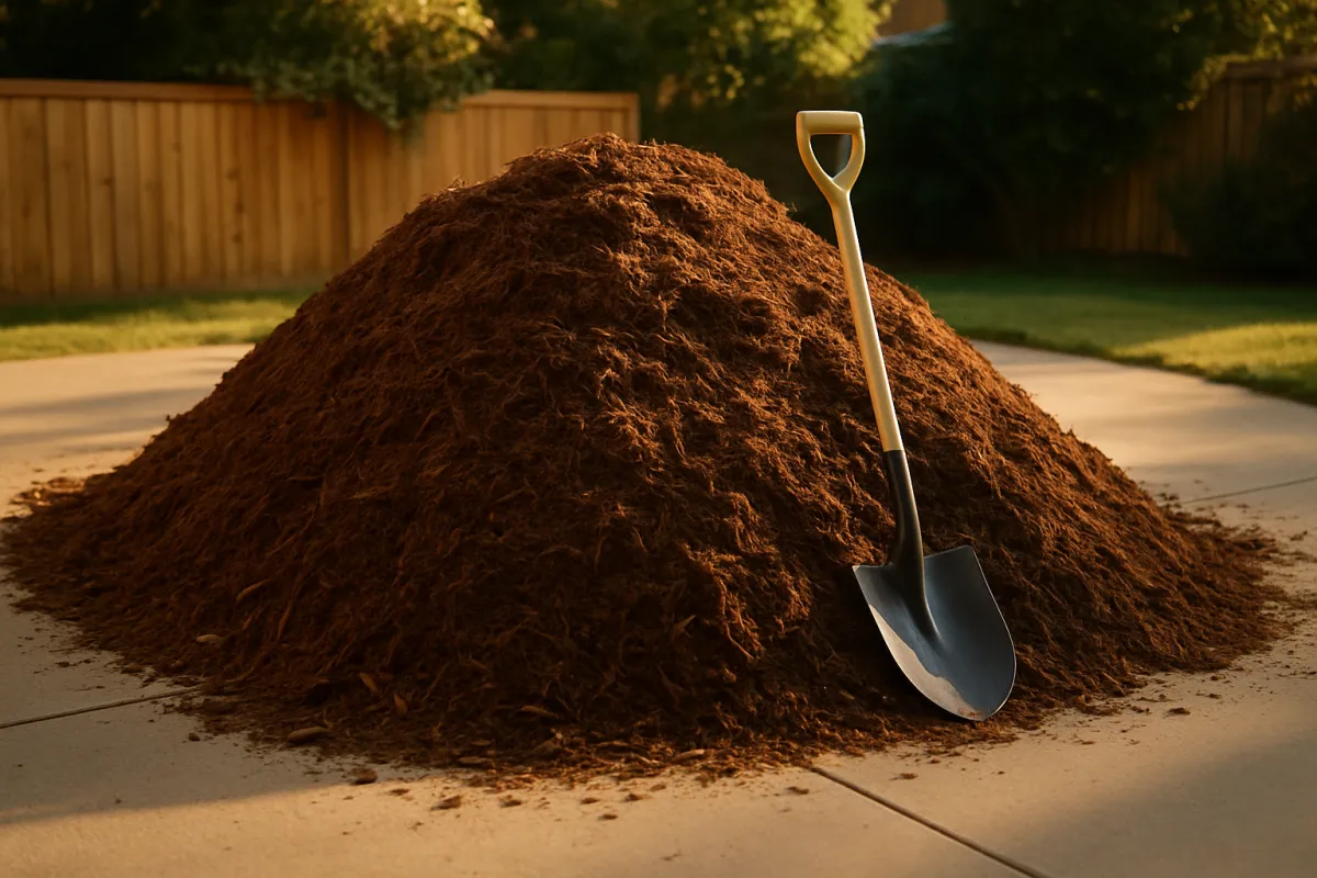 A large heaped pile of bulk brown mulch on a driveway with a shovel