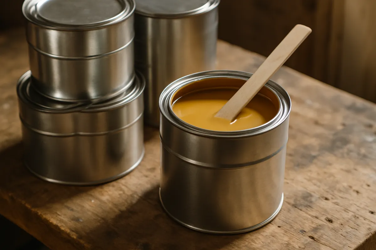 Unlabeled metal paint cans stacked on a workbench with the top can open showing gold paint