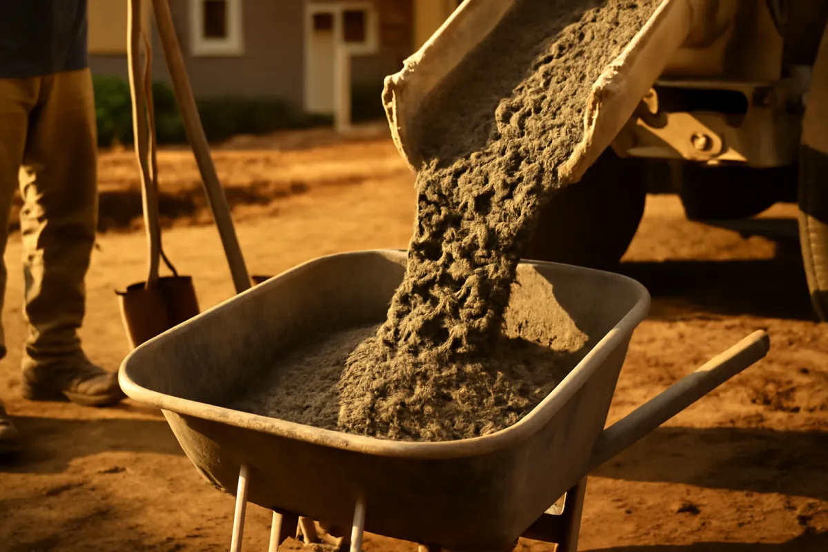 A ready-mix truck chute discharging wet grey concrete into a wheelbarrow at a residential jobsite in warm light