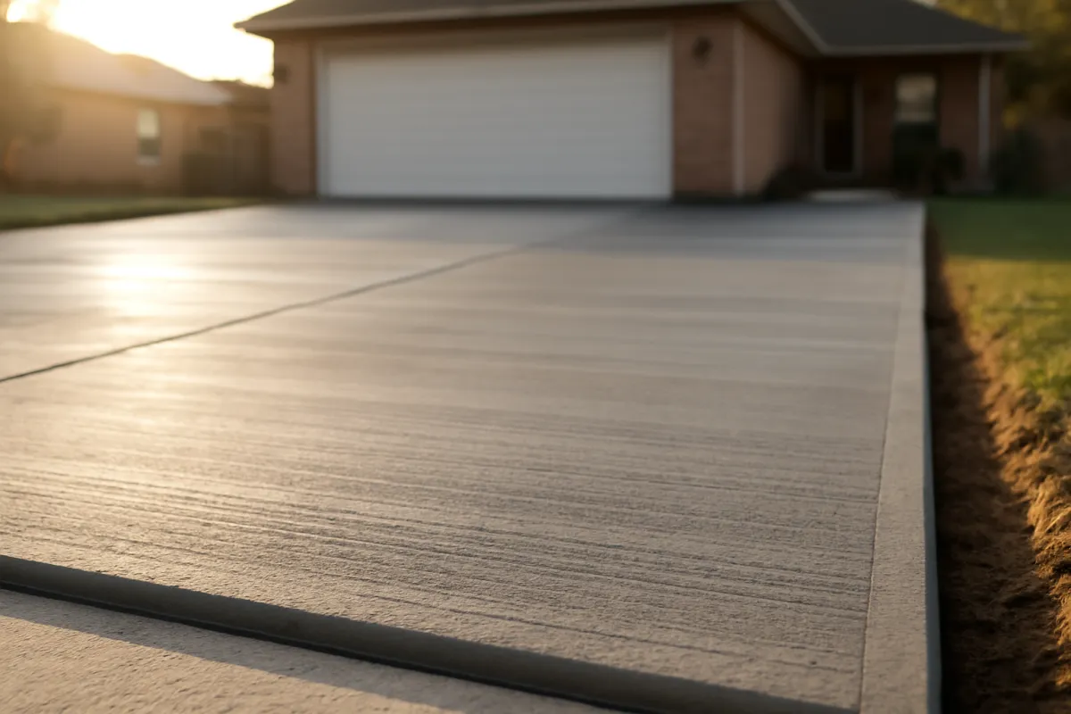 A newly poured broom-finished residential concrete driveway leading to a garage in warm morning light