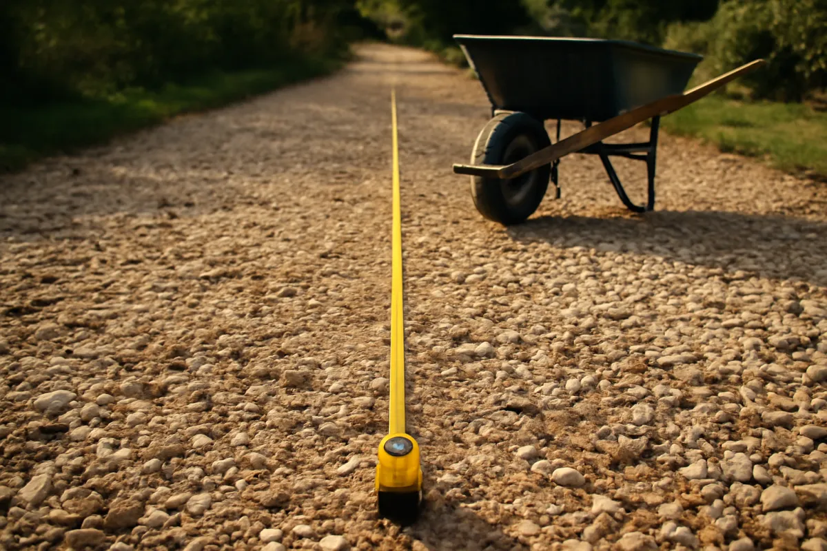 A long tape measure stretched down the length of a gravel drive past a wheelbarrow in warm light, the length and width an asphalt driveway cost estimate starts from