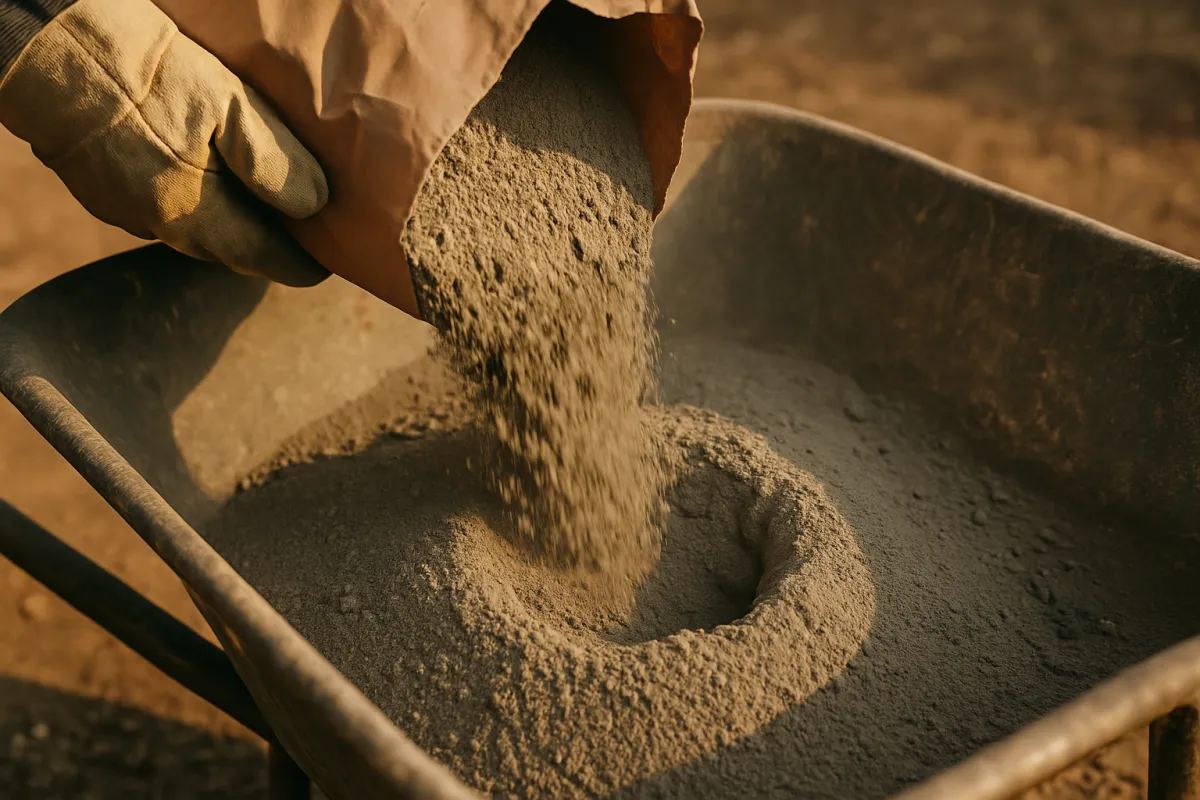 Dry grey concrete mix being poured from a paper bag into a wheelbarrow, forming a small crater, with a gloved hand visible