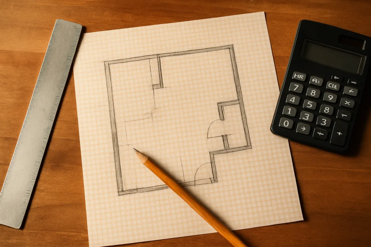 An overhead pencil floor plan on graph paper with a ruler, a calculator, and a pencil, the outline stepped rather than a clean rectangle