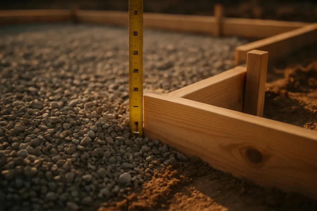 A tape measure across an excavated slab area with form boards and stakes