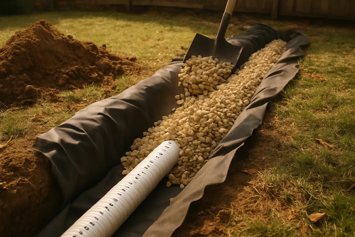 A French drain trench lined with landscape fabric being filled with drainage gravel around a perforated pipe