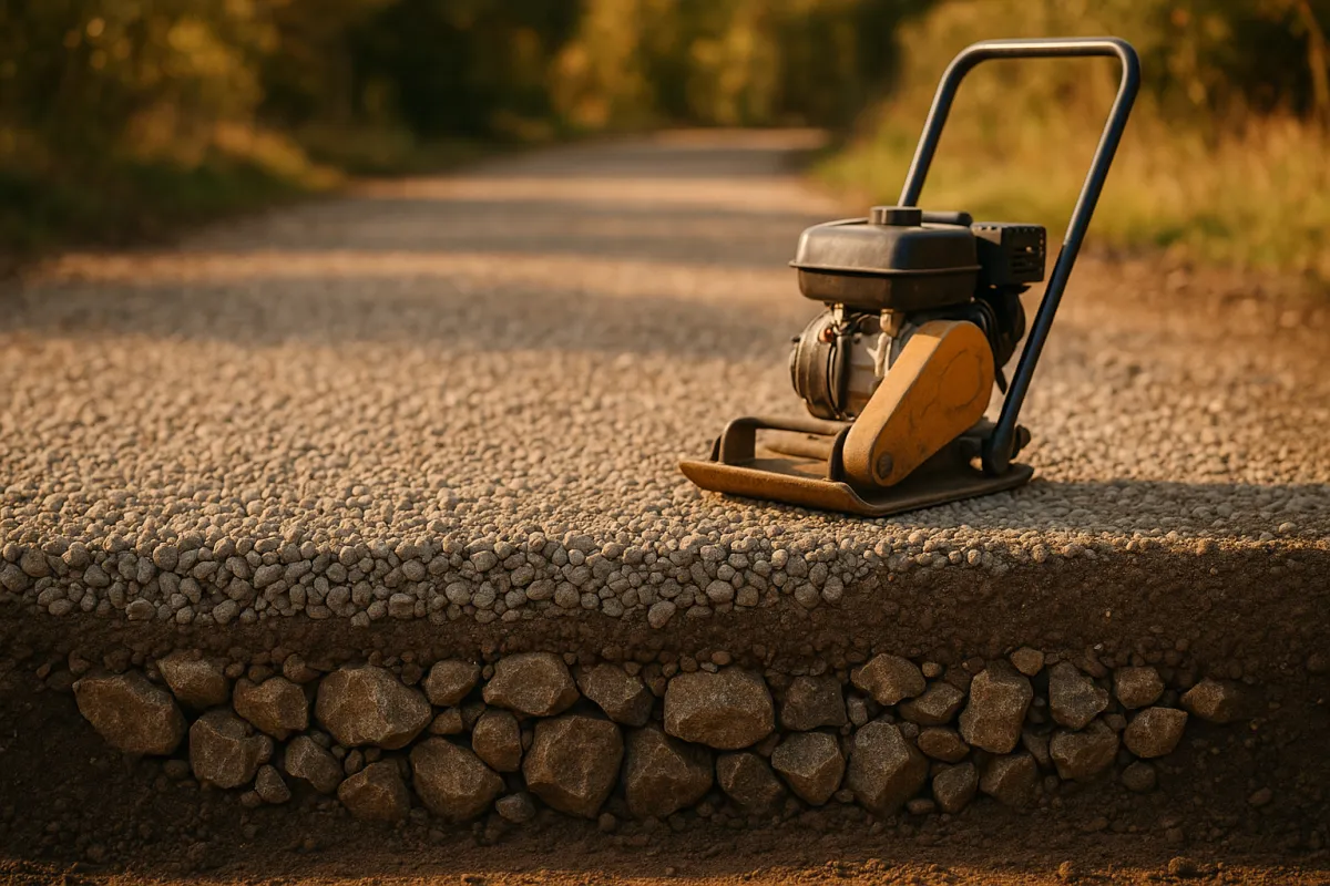 Cross section of a gravel driveway showing a coarse base rock layer under a finer top gravel layer with a plate compactor nearby
