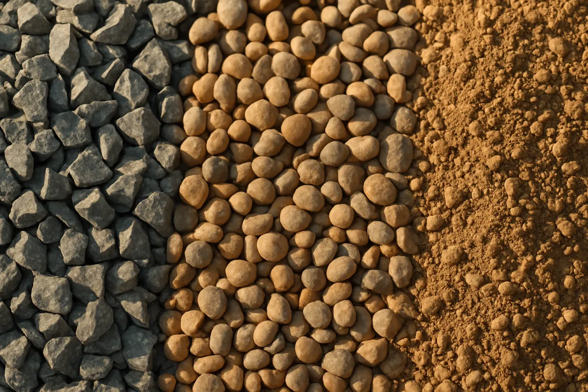 Several types of landscaping gravel in separate piles: crushed grey stone, rounded pea gravel, and tan base rock