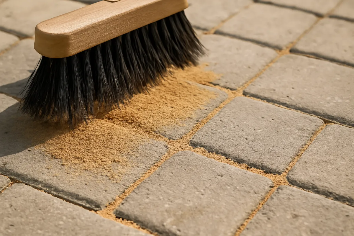 Fine jointing sand being swept with a broom into the gaps between concrete pavers