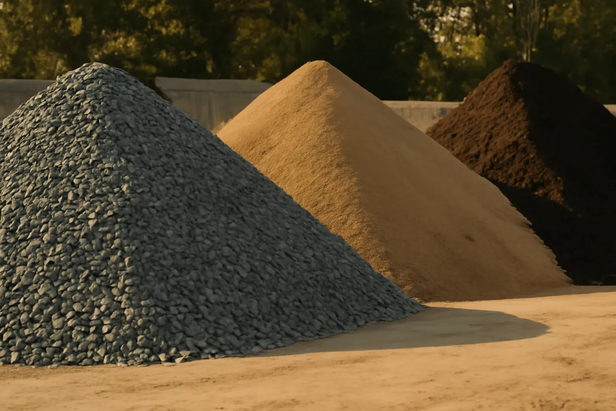 Piles of crushed stone, sand, and dark soil staged at a materials yard in warm daylight, the kind of materials that make up a retaining wall cost