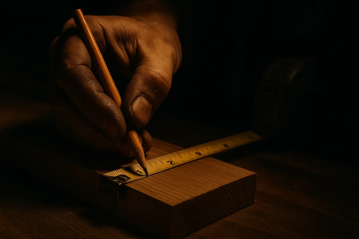 A hand marking a measurement on a board with a pencil and tape measure