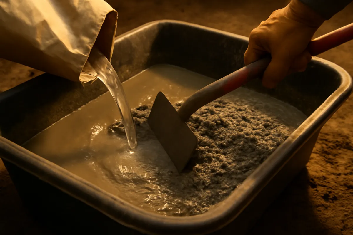A gloved hand mixing wet concrete from a bag in a plastic tub with a hoe