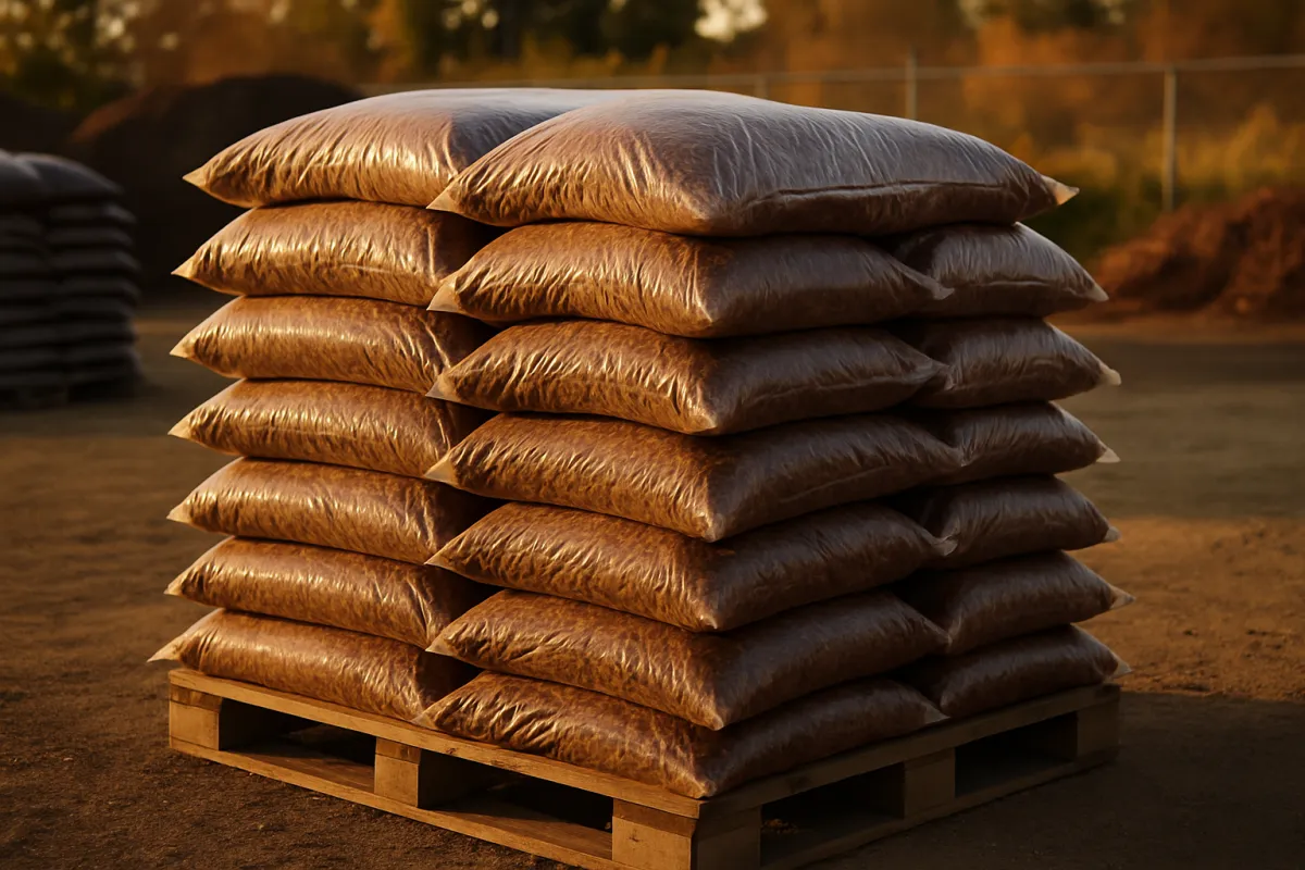 Stacked plastic bags of brown mulch on a pallet at a garden supply yard