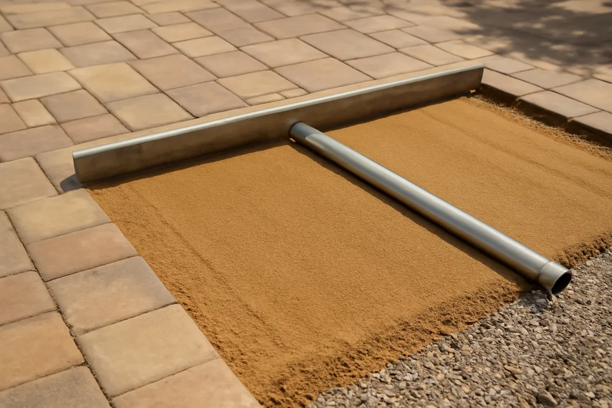 A paver patio under construction showing a smooth screeded layer of bedding sand over a gravel base with a screed pipe resting on top