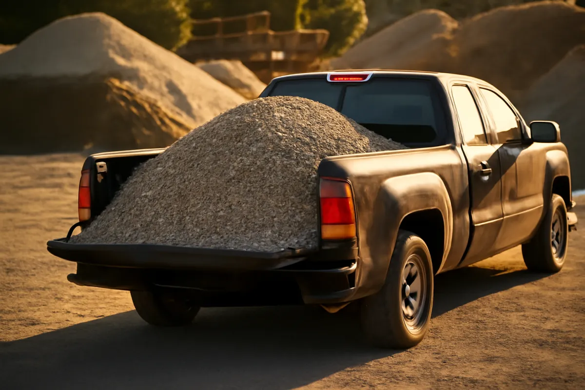 The bed of a pickup truck loaded with a single heaped scoop of crushed gravel at a supply yard