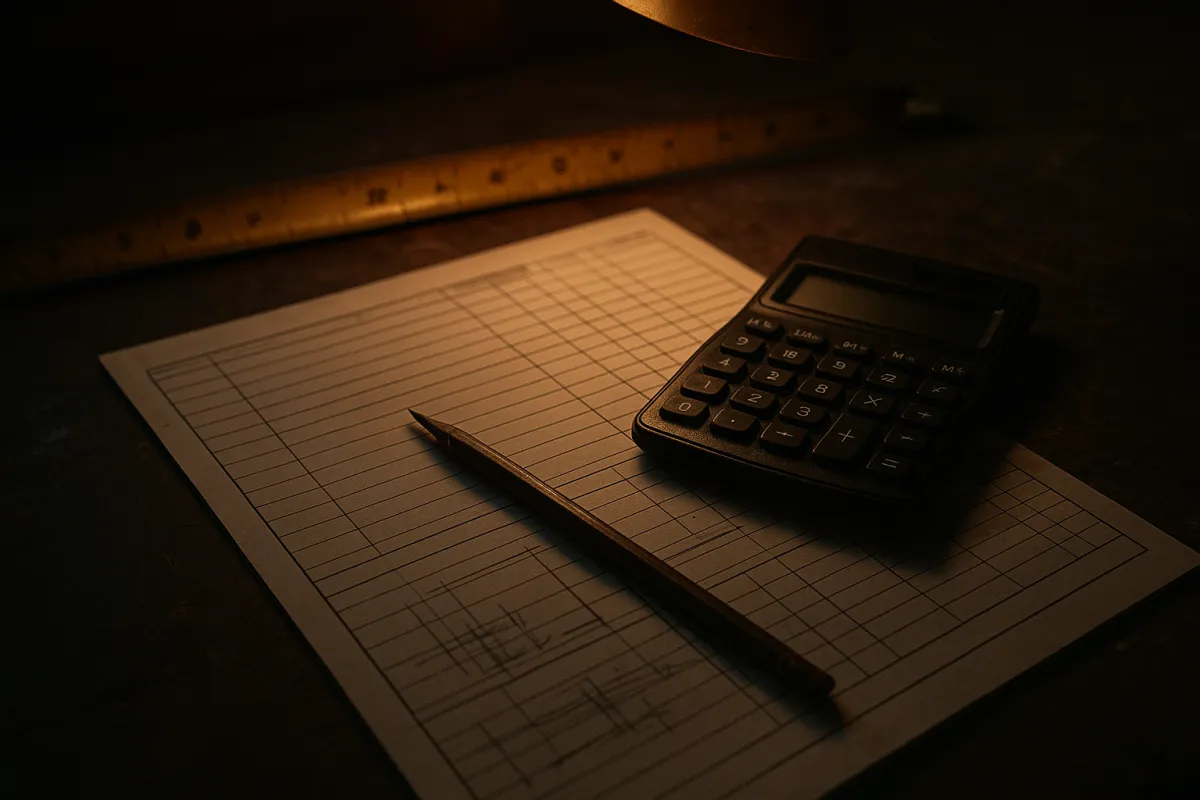 A project takeoff worksheet with a calculator and pencil on a workbench