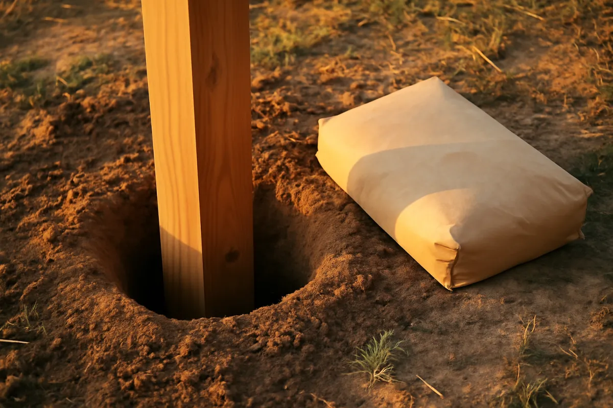 A freshly dug fence post hole with a 4x4 post standing in it and a bag of concrete mix beside it