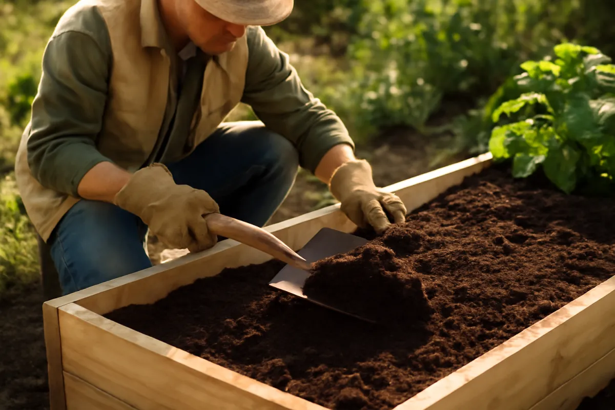 A person in gloves and a wide-brimmed hat spreading dark soil with a trowel inside a light wooden raised garden bed, with leafy plants growing behind