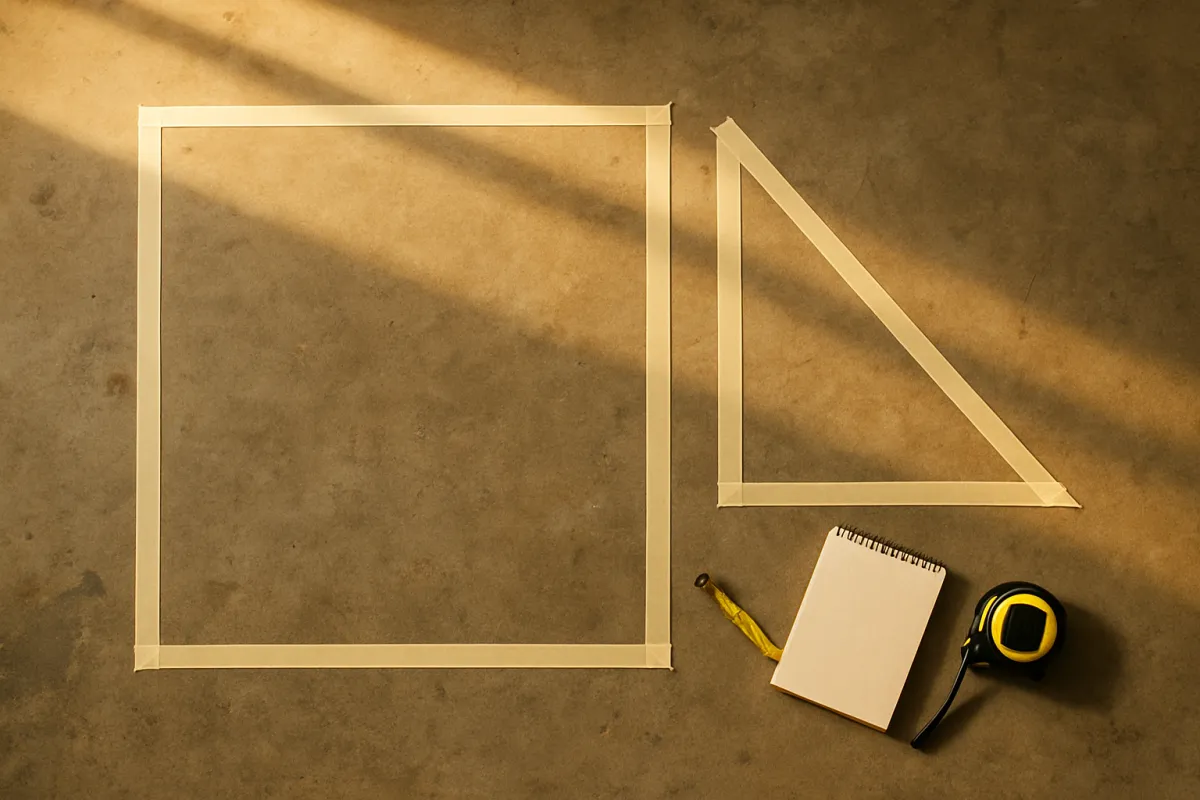 Simple geometric room shapes marked out with masking tape on a concrete floor, a rectangle and a triangular corner, with a tape measure and notepad nearby
